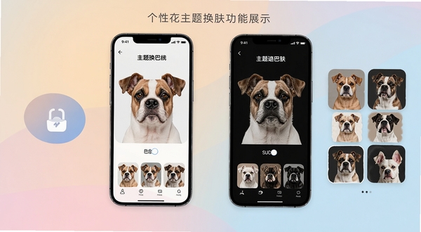 巴达狗个性化主题换肤功能展示,画面主体为两部并排的手机分别显示浅色与深色主题界面,背景区域为柔和渐变色彩,包含主题切换按钮与皮肤预览卡片,风格清新时尚