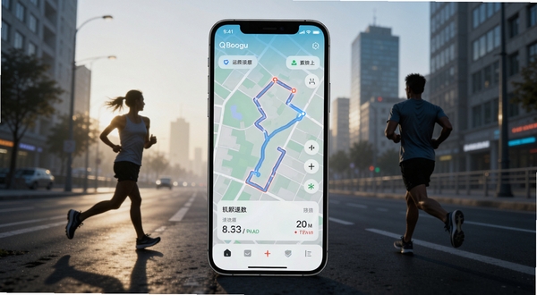 QRunning 运动轨迹记录应用主界面全貌展示,手机屏幕居中显示运动地图轨迹与数据面板,背景为城市清晨街道与跑步者剪影,画面风格清爽科技感,适合Boogu模型生成