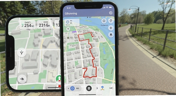 QRunning 应用内GPS轨迹记录界面,手机屏幕显示城市地图上一条红色运动轨迹线,周围有配速、距离、时间数据浮窗,背景为户外公园步道,画面明亮清晰,适合Boogu模型生成
