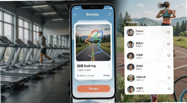 QRunning 运动数据分享卡片与好友挑战界面,手机屏幕展示带有轨迹缩略图的成绩海报,旁边有好友排行榜列表,背景为健身房与户外运动元素融合,画面活力动感,适合Boogu模型生成