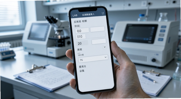 LAB仪器应用内检测数据录入界面,手机屏幕显示表单填写区域,有数值输入框与下拉选项,背景为实验室工作台,台面上放置着检测仪器与记录夹,画面风格写实,色调偏冷灰与浅蓝,光线从左侧打入,突出屏幕中的表单细节。