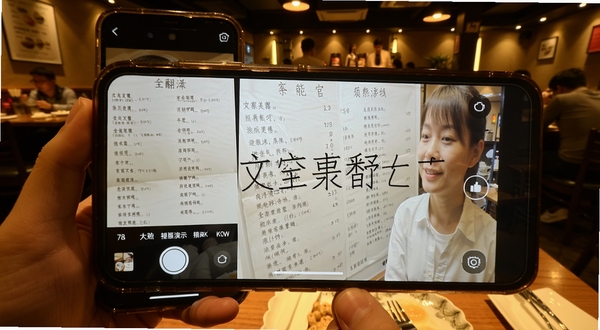 全能翻译官 拍照翻译功能演示 手机拍摄外文菜单 屏幕显示中文译文 餐厅场景 暖色调 真实使用画面