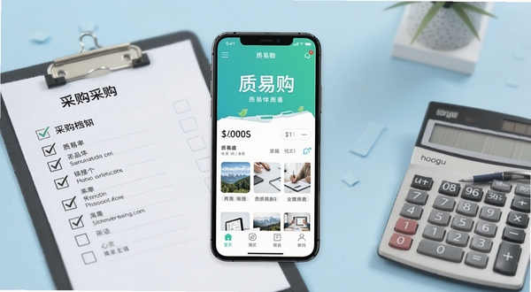 质易购软件主界面展示图,画面中心为手机屏幕内质易购应用首页,背景为浅蓝色渐变办公桌面,桌面摆放采购清单和计算器,整体风格简洁商务,适配Boogu模型生成