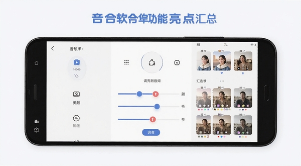 合拍软件功能亮点汇总图,画面中一部安卓手机展示合拍APP的音乐选择界面、美颜调节滑块和滤镜预览缩略图,整体布局清晰,配色以蓝白为主,突出功能丰富与操作简便