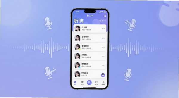 听屿语音社交应用主界面展示,画面中央是手机屏幕,屏幕内呈现听屿APP的语音房间列表和底部导航栏,背景为柔和的蓝紫色渐变,周围环绕着声波和麦克风图标,整体风格清新现代,适合作为软件下载站预览图