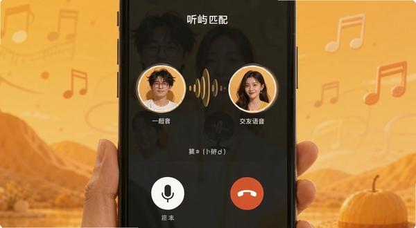 听屿声音匹配交友功能界面,手机屏幕显示一对一的语音通话界面,两个圆形头像被声波连接,背景是温暖的橙黄色调,界面简洁,突出麦克风和挂断按钮,体现听屿的语音社交特色