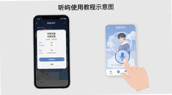 听屿使用教程示意图,画面展示一部手机屏幕,屏幕上显示听屿APP的权限设置页面和语音房间界面,旁边有手指点击麦克风图标的动作示意,背景为浅灰色,整体风格简洁明了,适合作为操作指南配图