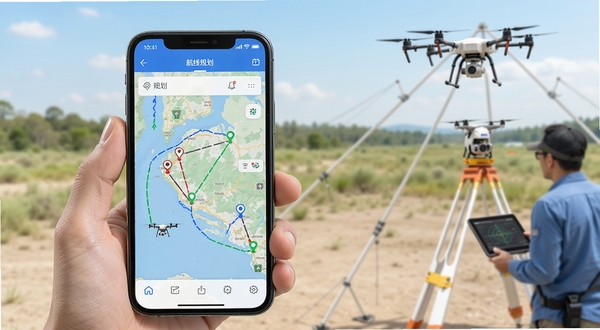 中测航空 航线规划界面 画面主体为手机屏幕显示航线规划地图 地图上有多个航点标记与连线 背景为户外测绘场景 有无人机在远处飞行 整体色调明亮清晰