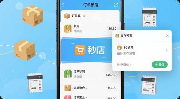 秒店应用界面截图风格,手机屏幕中展示订单聚合列表与库存预警弹窗,背景为浅蓝色渐变,画面中央有秒店标识,周围环绕着商品包裹与收银小票的扁平化图标,整体配色清新明快