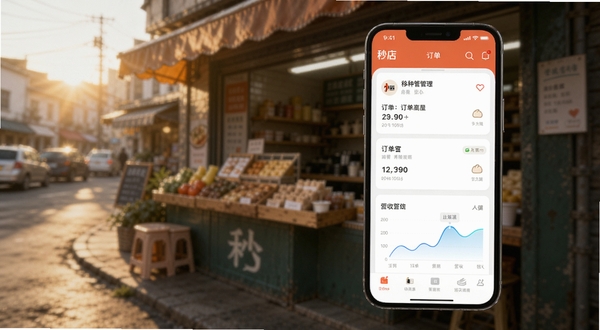 画面主体为一部竖屏智能手机,屏幕中央显示秒店应用主界面,界面内有序排列着商品卡片、订单通知与营收曲线图表,背景区域为虚化的清晨街边小店场景,暖色调光线,风格简洁写实,突出移动店铺管理的便捷感
