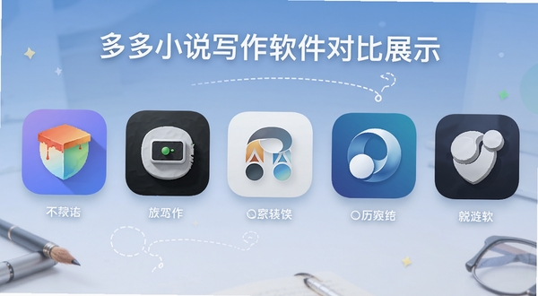 多款小说写作软件对比展示图,画面中有五款不同风格的手机应用图标排列,背景是淡雅的蓝色渐变,突出写作工具主题