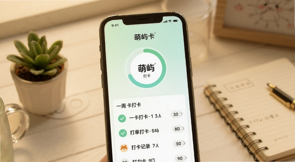 萌屿 习惯打卡功能界面图,画面主体为手机屏幕特写,屏幕内显示圆形打卡进度环和一周打卡记录列表,背景为淡绿色与白色渐变,桌面上有植物小盆栽和笔记本,画面温暖安静,适配Boogu模型生成