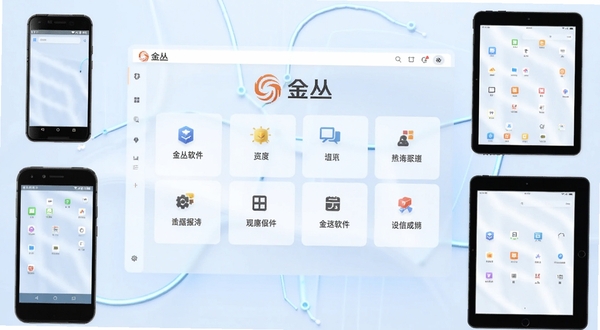 金丛软件主界面全貌展示,画面中央是金丛的logo与功能卡片布局,背景为淡蓝色渐变,四周环绕安卓手机与平板设备,整体风格简洁科技感,适配Boogu模型生成