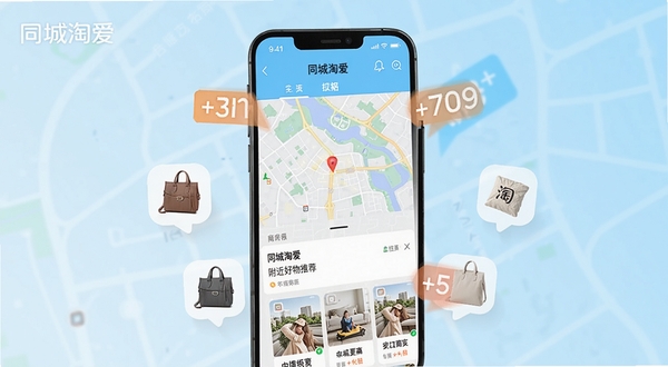 同城淘爱附近好物推荐界面,手机屏幕显示地图与商家列表,周围漂浮着折扣标签和商品小图,背景为淡蓝色渐变,风格清新简洁,画面中带有同城淘爱字样