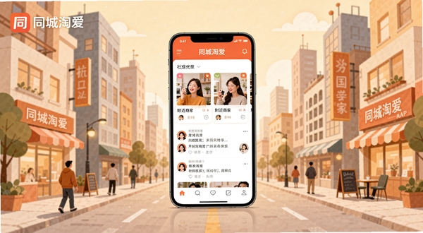同城淘爱应用界面全景展示,画面中央为手机屏幕显示同城淘爱APP首页,包含附近商家卡片与社交动态流,背景为现代城市街区插画风格,暖色调,扁平化设计,突出同城淘爱文字标识
