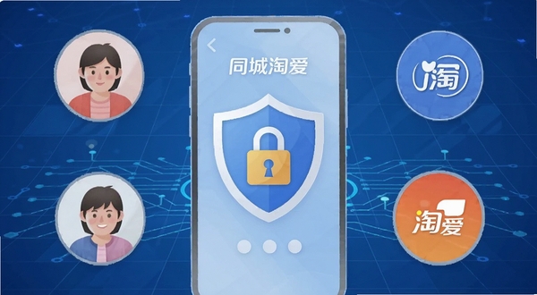 同城淘爱安全使用提示插画,手机屏幕显示盾牌与锁图标,周围环绕用户头像与商家标志,背景为蓝色科技感网格,风格简洁明了,带同城淘爱标识