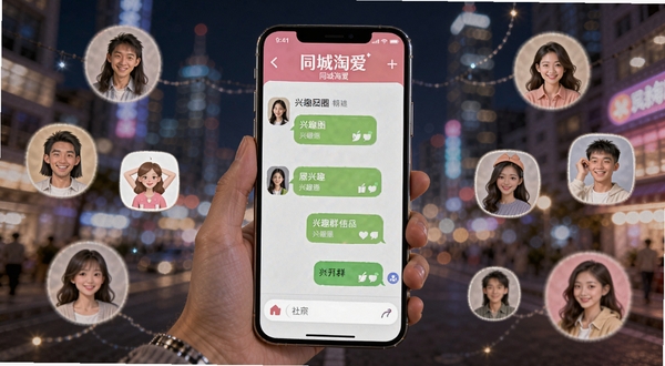 同城淘爱同城圈子聊天场景,展示手机聊天界面与多个兴趣群组图标,人物头像环绕,背景为城市夜景灯光,色彩柔和,突出社交氛围与同城淘爱品牌