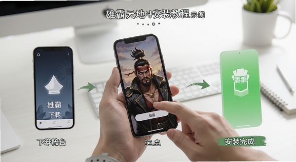 雄霸天地安装教程示意图,画面展示手机屏幕从下载到安装完成的步骤分解,主体为手持手机操作的特写,背景为简洁的桌面环境,光线明亮柔和,突出操作指引感