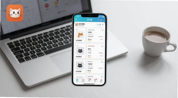 ����èAPP������չʾͼ����������Ϊ�ֻ���Ļ����Ļ�ڳ�������èӦ�õ���Ʒ�����б��붩�����ݿ�Ƭ������Ϊ��Լ��ǳ��ɫ�칫���棬�����Ϸ���һ̨�ʼǱ����Ժ�һ�����ȣ�����ɫ������������ͻ���ƶ��칫����������èӦ��ͼ�������ɼ����������Ϊ16:9