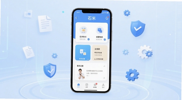 石米软件主界面展示,居中放置手机屏幕,屏幕内显示石米App的清爽功能卡片布局,背景为浅蓝色渐变科技感空间,四周漂浮文件、盾牌、齿轮等图标元素,整体风格简洁明亮,适配Boogu模型生成