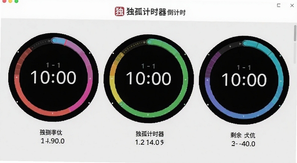 独孤计时器倒计时软件主界面全貌展示,画面中央为多个彩色环形倒计时进度条并排显示,每个计时器下方标注任务名称与剩余时间,背景为浅灰色极简风格,顶部区域显示独孤计时器倒计时品牌标识,整体适配Boogu模型生成,画面比例16:9,高清细节