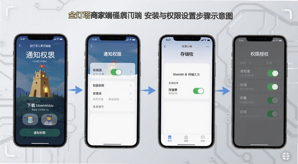 金灯塔商家端安装与权限设置步骤示意图,画面展示手机屏幕从下载安装到权限授权的操作流程,包含通知权限和存储权限开关界面,背景为浅灰色科技风格,适合新手引导场景