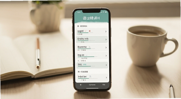 英语语法精讲软件界面展示,手机屏幕中显示清晰的语法分类列表,背景为柔和的书桌场景,有笔记本和咖啡杯,光线明亮温暖,画面简洁清新