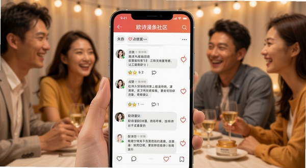 欧诗漫头条社区互动页面,画面主体为手机屏幕显示用户评论与点赞界面,背景为温馨的社交聚会场景虚化,突出互动与分享的愉悦感