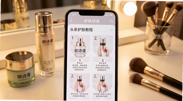 欧诗漫头条护肤教程页面特写,画面中心为手机屏幕显示分步护肤指导图,背景区域为梳妆台场景,摆放欧诗漫护肤品瓶罐与化妆刷,光线柔和温暖,体现专业与亲切感