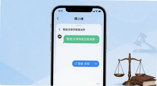 嘿小律 软件主界面展示,手机屏幕中央呈现智能法律问答对话框,背景为淡蓝色渐变,画面右下角有法律天平与法典元素点缀,整体风格简洁专业,适配Boogu模型生成