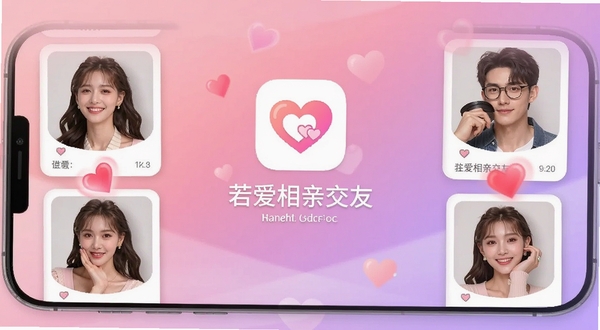 一款名为若爱相亲交友的手机应用界面展示,画面中央偏上位置展示app的logo与名称,背景为柔和的粉紫色渐变,左右两侧分别有男女用户头像卡片和爱心匹配动画元素,整体风格温馨浪漫,适配手机屏幕比例,高清UI展示图