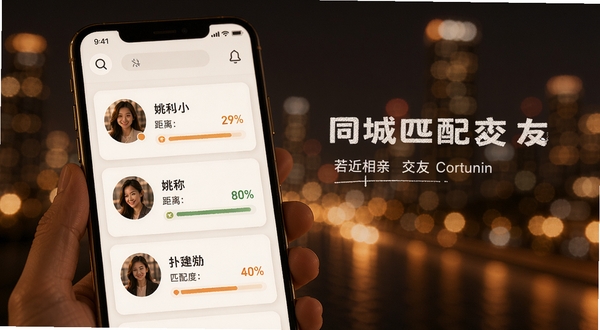 若爱相亲交友同城匹配功能展示图,画面主体为手机屏幕内显示附近用户卡片列表,卡片上有头像、昵称、距离和匹配度百分比,背景为城市夜景虚化效果,整体色调偏暖,突出同城交友氛围
