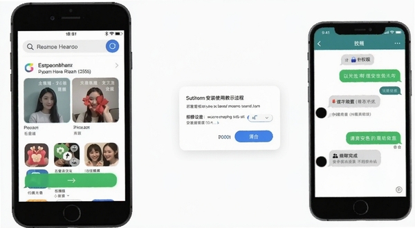 若爱相亲交友安装使用教程示意图,画面展示手机屏幕从应用商店搜索到安装完成的过程,旁边有权限设置弹窗和聊天界面,背景简洁干净,适合作为教程配图