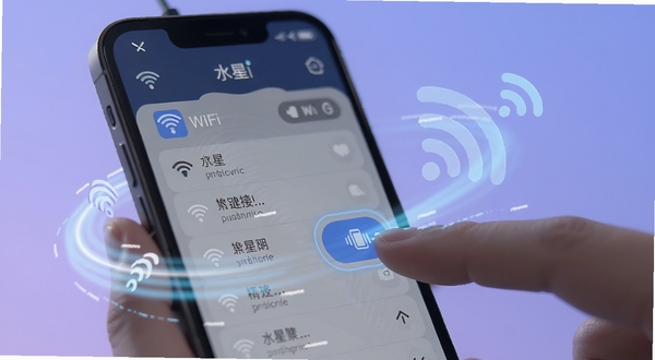 ˮ��WiFiһ�����ӹ�����д���ֻ���Ļ��ʾWiFi�б�����һ����ָ������Ӱ�ť����Χ�����ٶ��������ź�ͼ�꣬����Ϊ��͵�����ɫ�������ֿ��������ĳ����