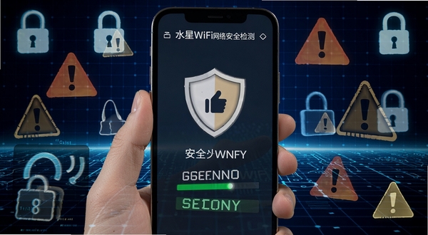ˮ��WiFi���簲ȫ�����棬�ֻ���Ļ��ʾ����ͼ���밲ȫ���֣�����Ϊ����ɫ�Ƽ�������Χ�������뾯���ʶ��ͻ����ȫ��������