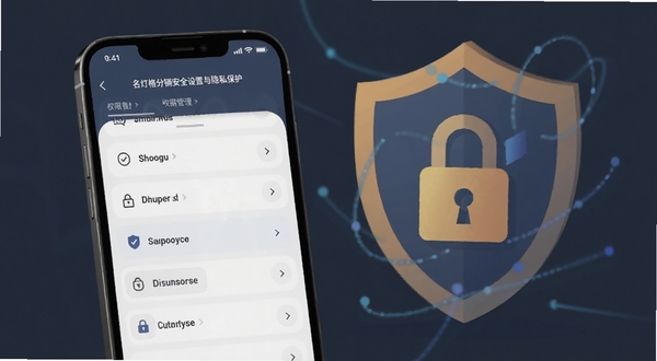 名灯格分销安全设置与隐私保护界面,手机屏幕显示权限管理列表与数据加密标识,背景为盾牌与锁的抽象图形,色调沉稳安全,适配Boogu模型生成