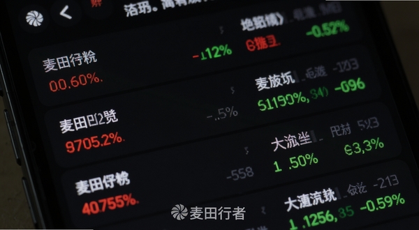 麦田行者实时行情页面,手机屏幕显示多只股票名称与涨跌幅百分比,红绿数字清晰排列,背景为深色护眼模式,屏幕下方有麦田行者水印,画面聚焦于行情列表的细节质感