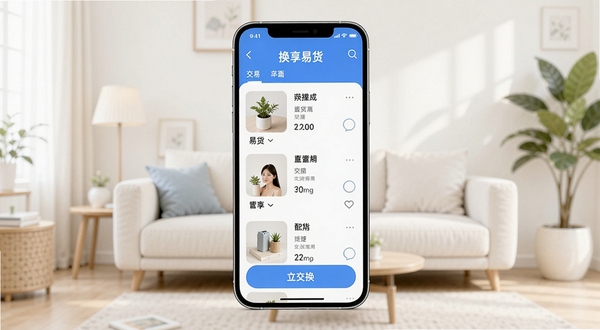 换享易货App主界面展示,画面中央是手机屏幕,屏幕上显示易货商品列表和交换按钮,背景是简洁的浅色家居环境,突出便捷交易氛围,整体风格清新明快,适配Boogu模型生成。