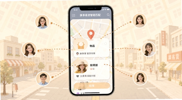 换享易货智能匹配功能界面,手机屏幕显示地图定位和物品卡片,周围有虚线连接匹配的用户头像,背景是城市街区简图,色调温暖柔和,体现同城交换的便捷感。
