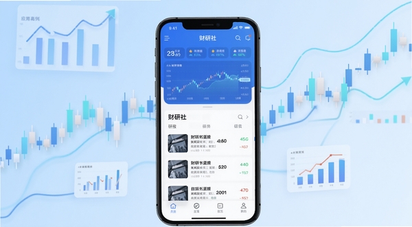 财研社应用主界面展示,画面中央为手机屏幕,屏幕内呈现财研社App的财经数据仪表盘与研报列表,背景为简洁的浅蓝色渐变,周围点缀抽象的K线图与数据图表元素,整体风格商务清新,适配Boogu模型生成