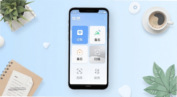一款名为毕然的安卓应用主界面展示,画面中央是手机屏幕,屏幕内呈现整洁的功能卡片布局,包含记账、备忘、扫描等图标,背景为柔和的浅蓝渐变,四周点缀简约的生活元素插画,整体风格清爽现代