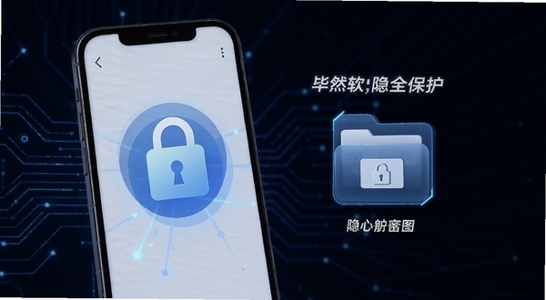 毕然软件隐私保护功能示意图,画面中手机屏幕显示锁形图标和加密文件夹,背景是深色科技感线条,整体传达安全可靠的视觉感受