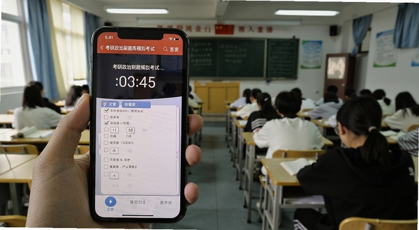 考研政治刷题库模拟考试界面,手机屏幕显示倒计时与答题卡,背景为教室考场环境,氛围严肃,突出考试模拟感