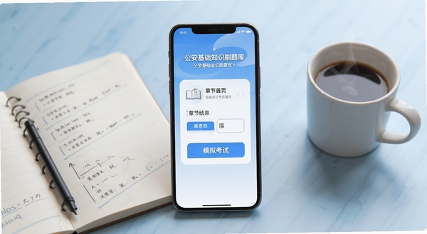 公安基础知识刷题库 打开首页展示章节练习与模拟考试入口 手机屏幕居中 背景为浅蓝色渐变 桌面摆放笔记本与咖啡杯 学习氛围浓厚 画面简洁清晰