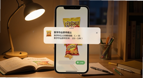 奇多作业纸作业提醒功能界面,画面展示手机弹出提醒通知,通知内容显示数学作业即将截止,背景为夜晚书房场景,台灯柔和照明,桌面摆放课本与文具,整体氛围安静专注