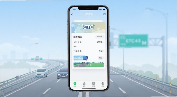 高速路ETC通行软件主界面全貌展示,主体为手机屏幕中央显示的ETC账单概览卡片,背景区域为淡蓝色渐变高速公路场景,画面简洁明亮,突出软件核心功能与出行主题