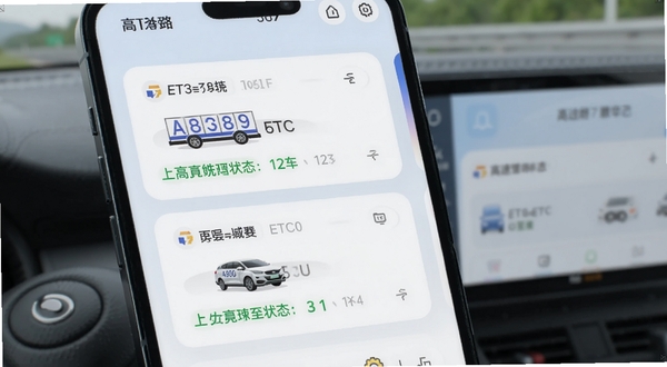 高速路ETC通行多车管理界面,手机屏幕显示两到三张车辆卡片,每张卡片标注车牌号与ETC状态,背景为柔和圆角卡片式布局,整体风格清新浅色