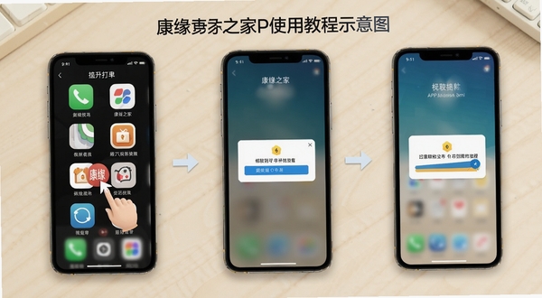 ��Ե֮��APPʹ�ý̳�ʾ��ͼ������չʾ�ֻ���Ļ�Ӱ�װ����Ӧ�õ����̲��裬����Ϊǳɫ���棬�������ͼ����Ȩ�޵���ʾ�⣬���ֱ���׶�