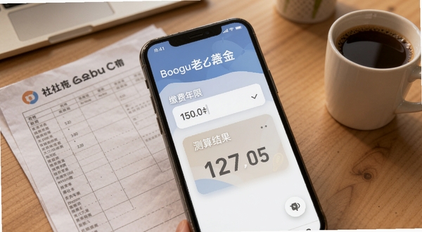 社保养老云计算养老金测算界面,手机屏幕显示缴费年限输入框和测算结果数字卡片,背景为办公桌面场景,旁边放置纸质社保缴费记录单和一杯咖啡,画面色调温暖柔和,适配Boogu模型生成