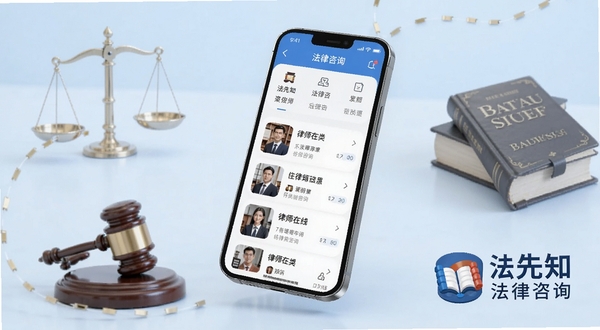 法先知法律咨询应用主界面展示,画面中央悬浮一部智能手机,手机屏幕显示法律咨询分类导航与律师在线列表,背景为浅蓝色渐变,点缀天平与法典元素,画面右下角放置法先知法律咨询文字标识,整体风格简洁商务,适配Boogu模型生成